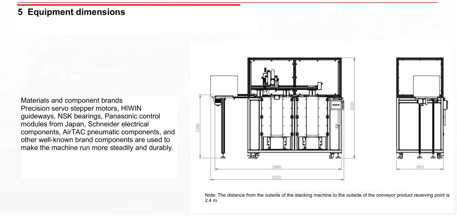 Tray Loading and Stacking Machine (Two Tray Stack Positions, Conveyor Infeed) — Dimension diagram with conditions