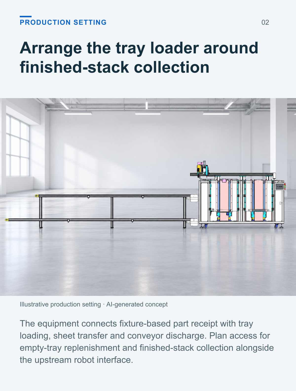 Tray Loading and Stacking Machine (Two Tray Stack Positions, Conveyor Discharge) — production setting