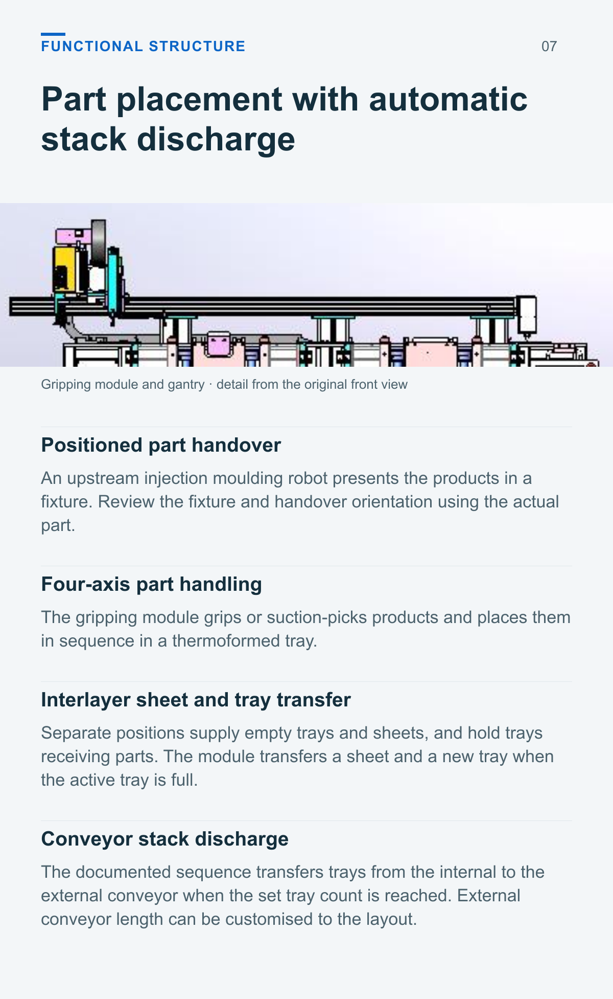 Tray Loading and Stacking Machine (Two Tray Stack Positions, Conveyor Discharge) — functional structure