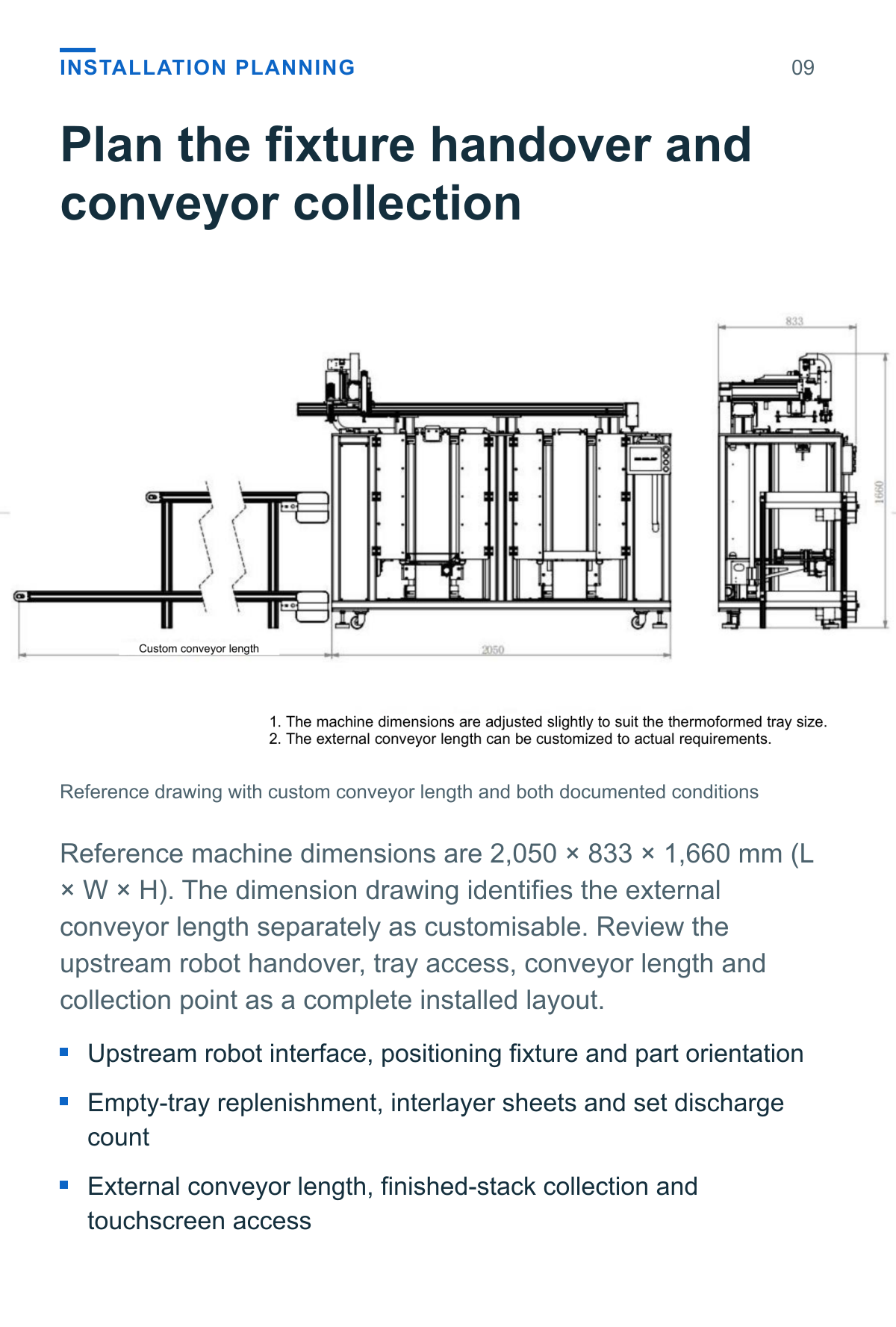 Tray Loading and Stacking Machine (Two Tray Stack Positions, Conveyor Discharge) — installation planning