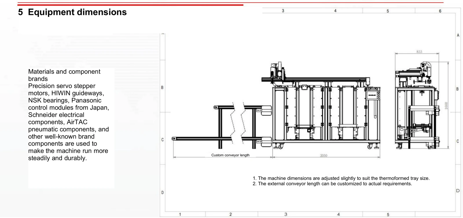 Tray Loading and Stacking Machine (Two Tray Stack Positions, Conveyor Discharge) — Dimension diagram with conditions