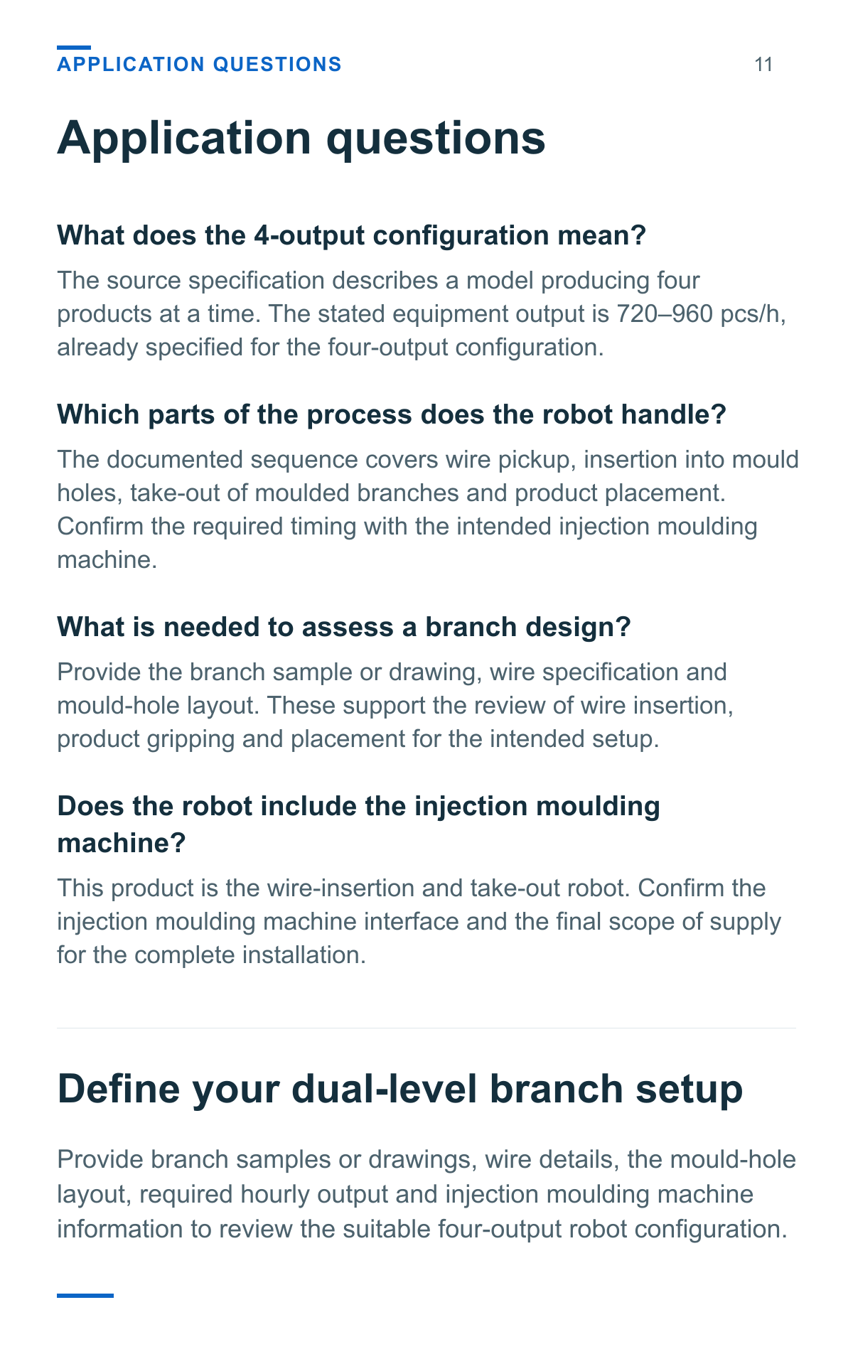 PE Christmas Tree Injection Molding Robot (Dual-Level, 4-Output) — application questions