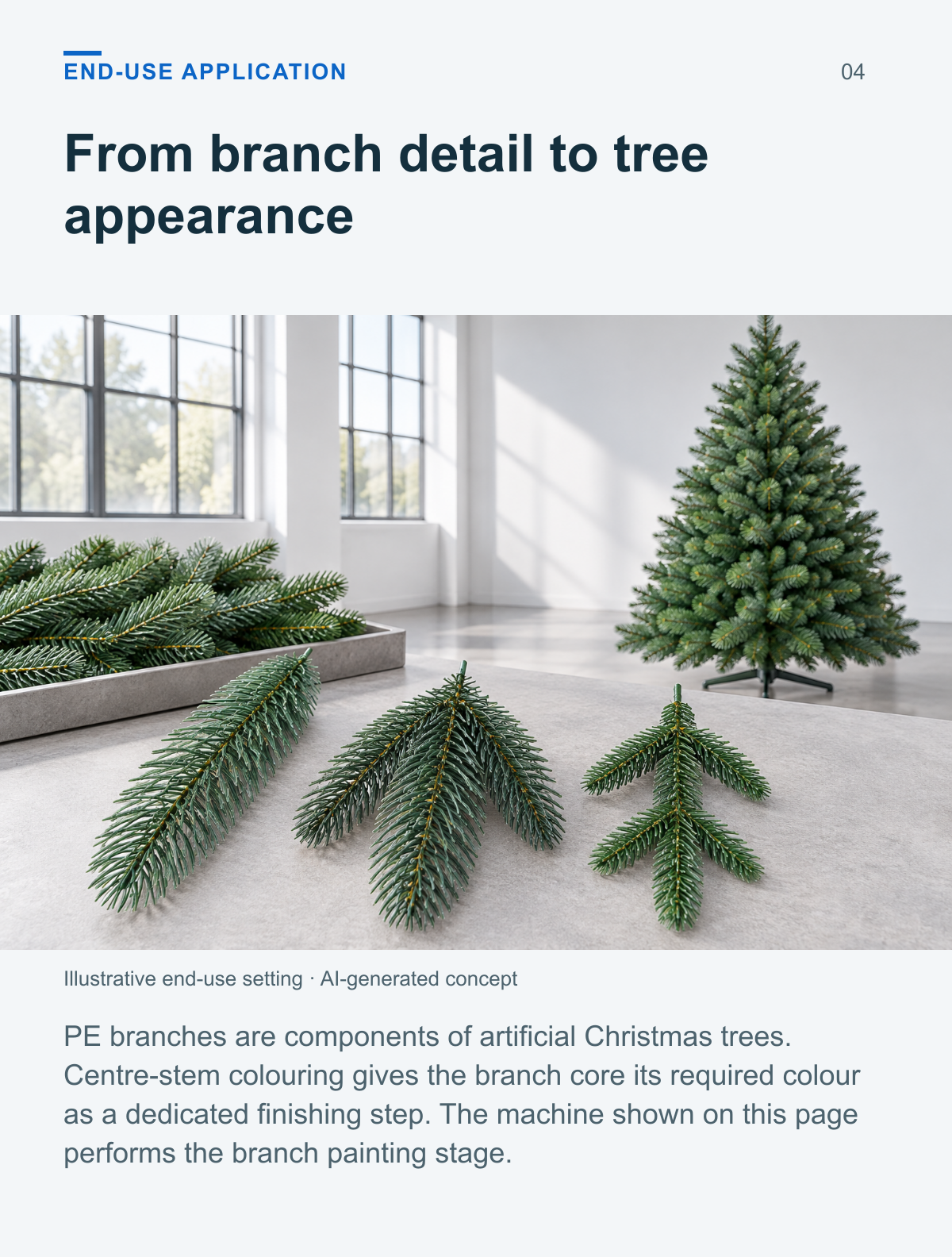 PE Christmas Tree Branch Painting Machine (Single-Level, 2-Output) — end use application